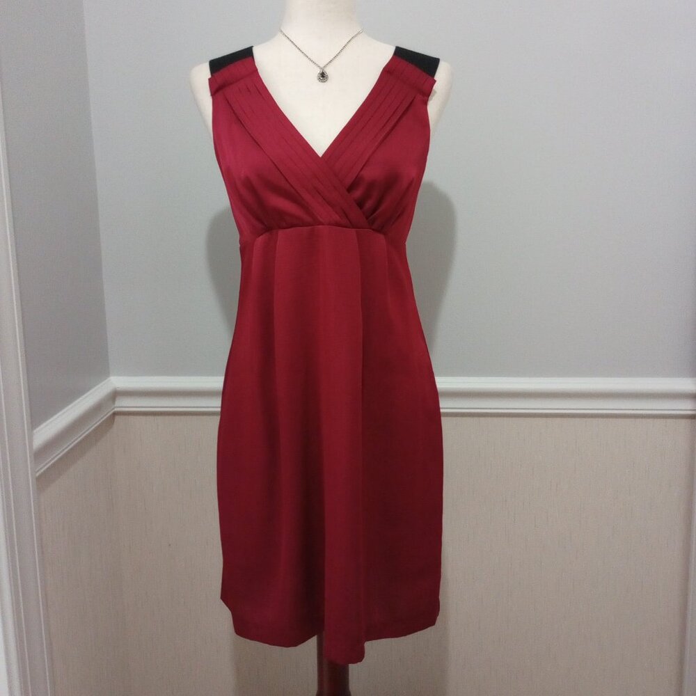 Burgundy Red Satin Party Dress sz 4 Feminine Pleated Surplice Neckline